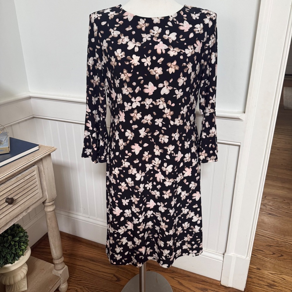 Tommy Hilfiger Womens Floral Bell Sleeve Sheath Dress Black Pink Size 8